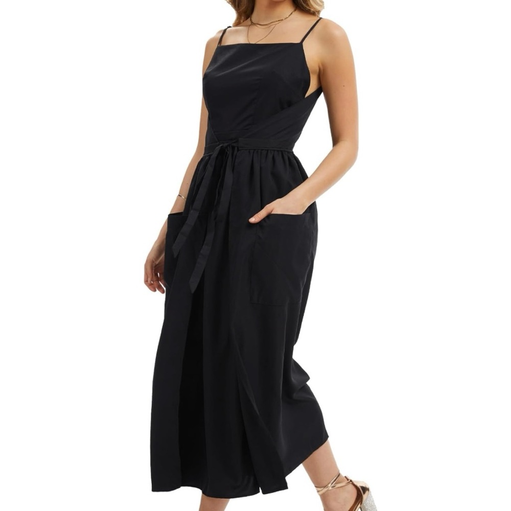 KEOMUD Black Square Neck Wrap Maxi Dress Pockets Adjustable Waist Tie Large